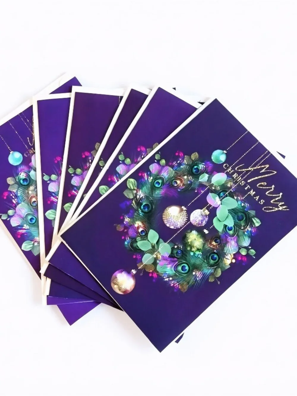 Set of 6 Vintage Merry Christmas Cards Envelopes Peacock Feather Wreath Unused